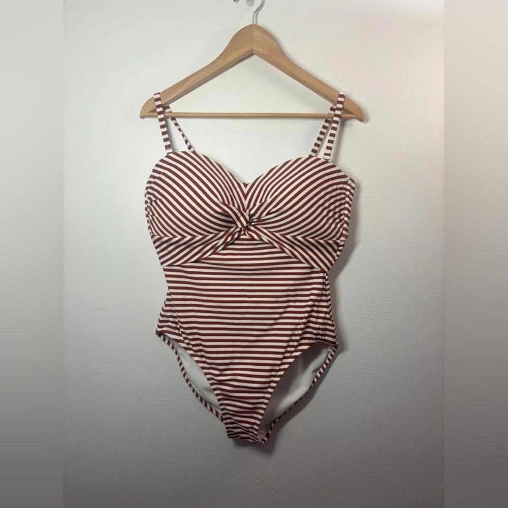 Striped Twist Front One-Piece Swimsuit - Rust & White